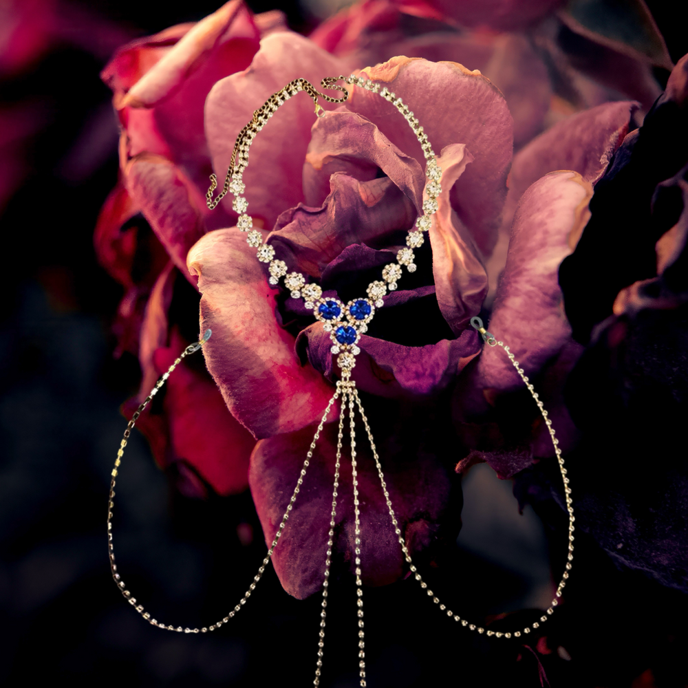 BLUE CRYSTAL NIPPLE BODY CHAIN - GOLD