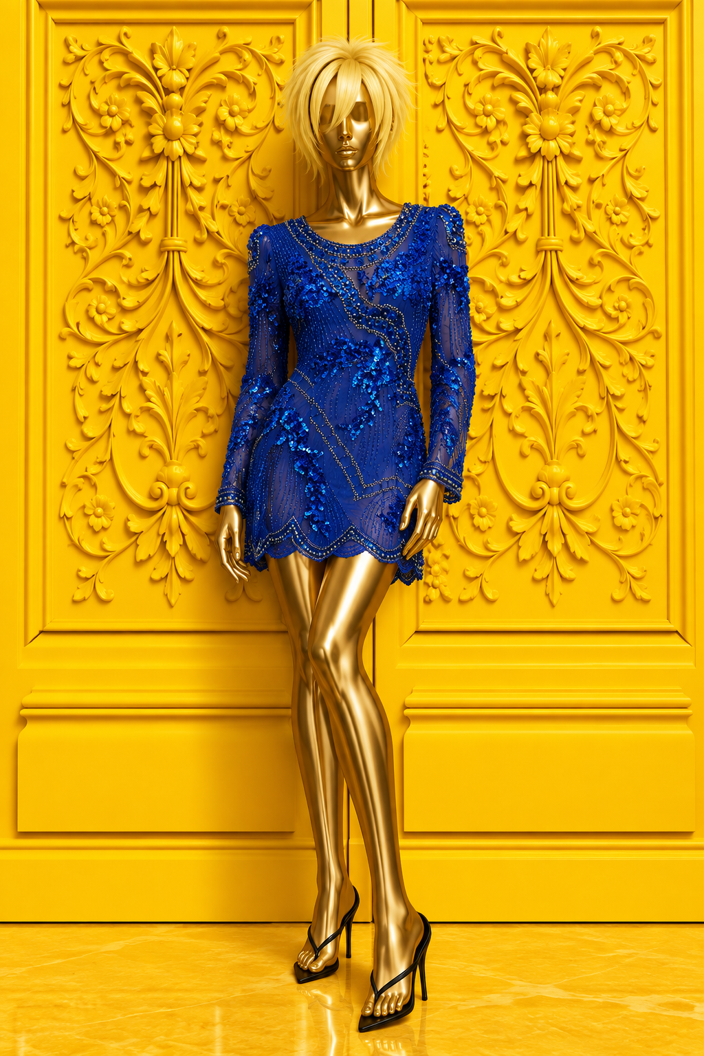 Blue Sheer Sequins Mini Dress