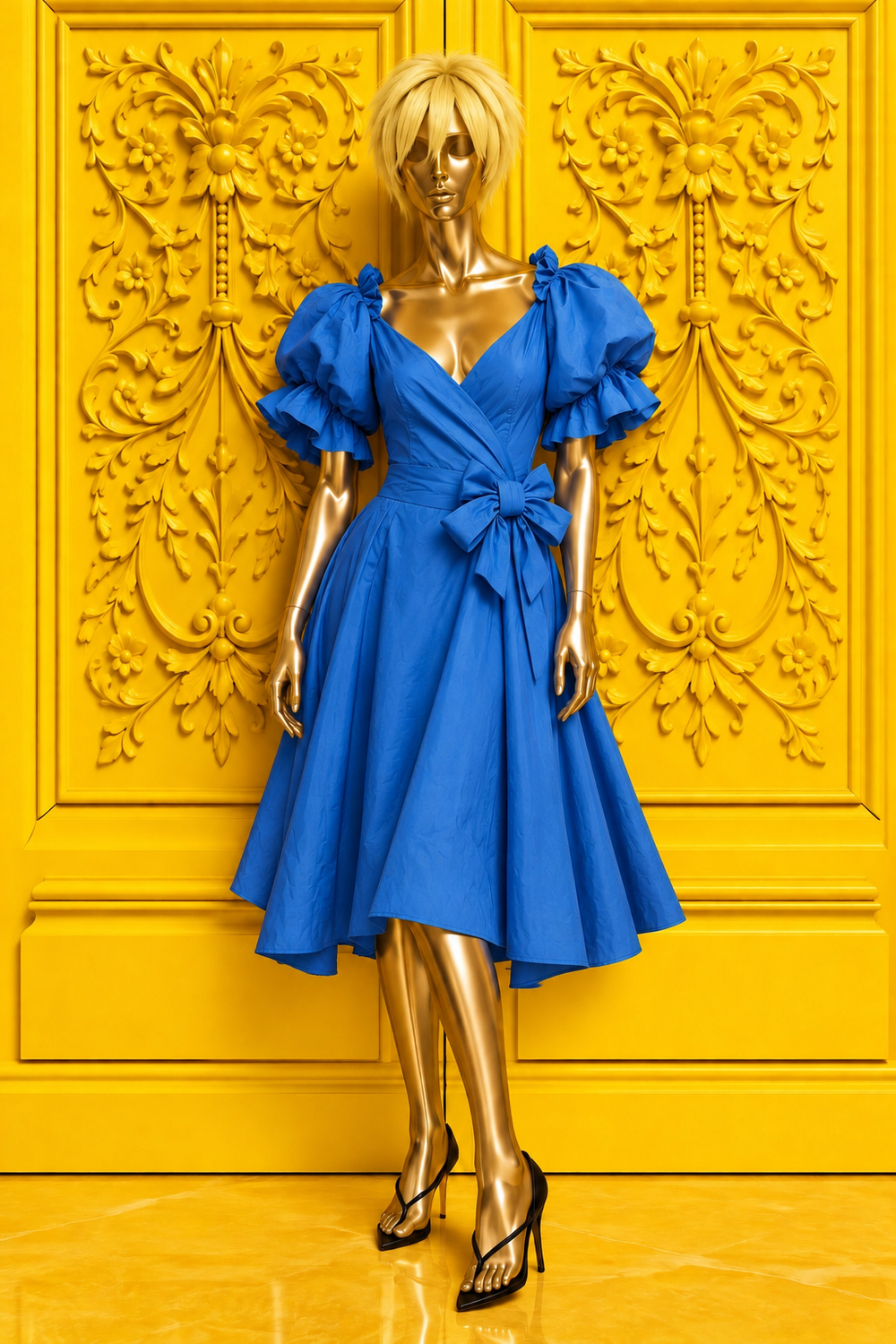 Blue Ruffled Sleeve Cocktail Dress