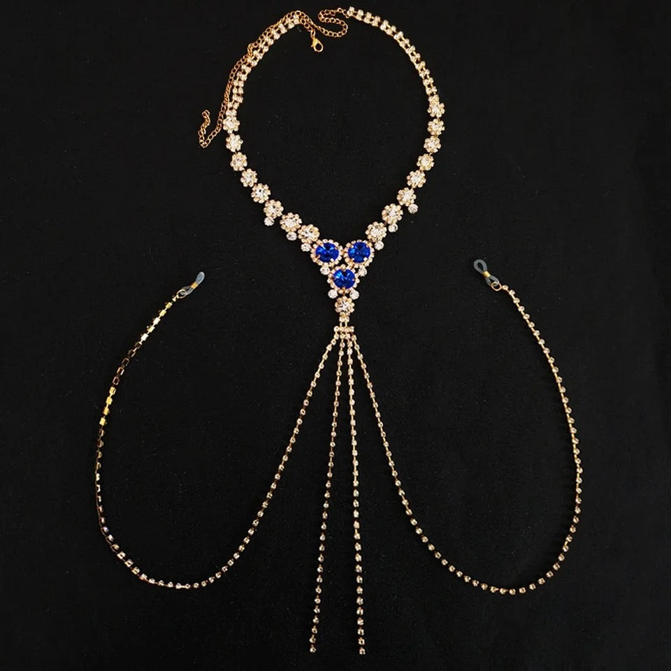 BLUE CRYSTAL NIPPLE BODY CHAIN - GOLD