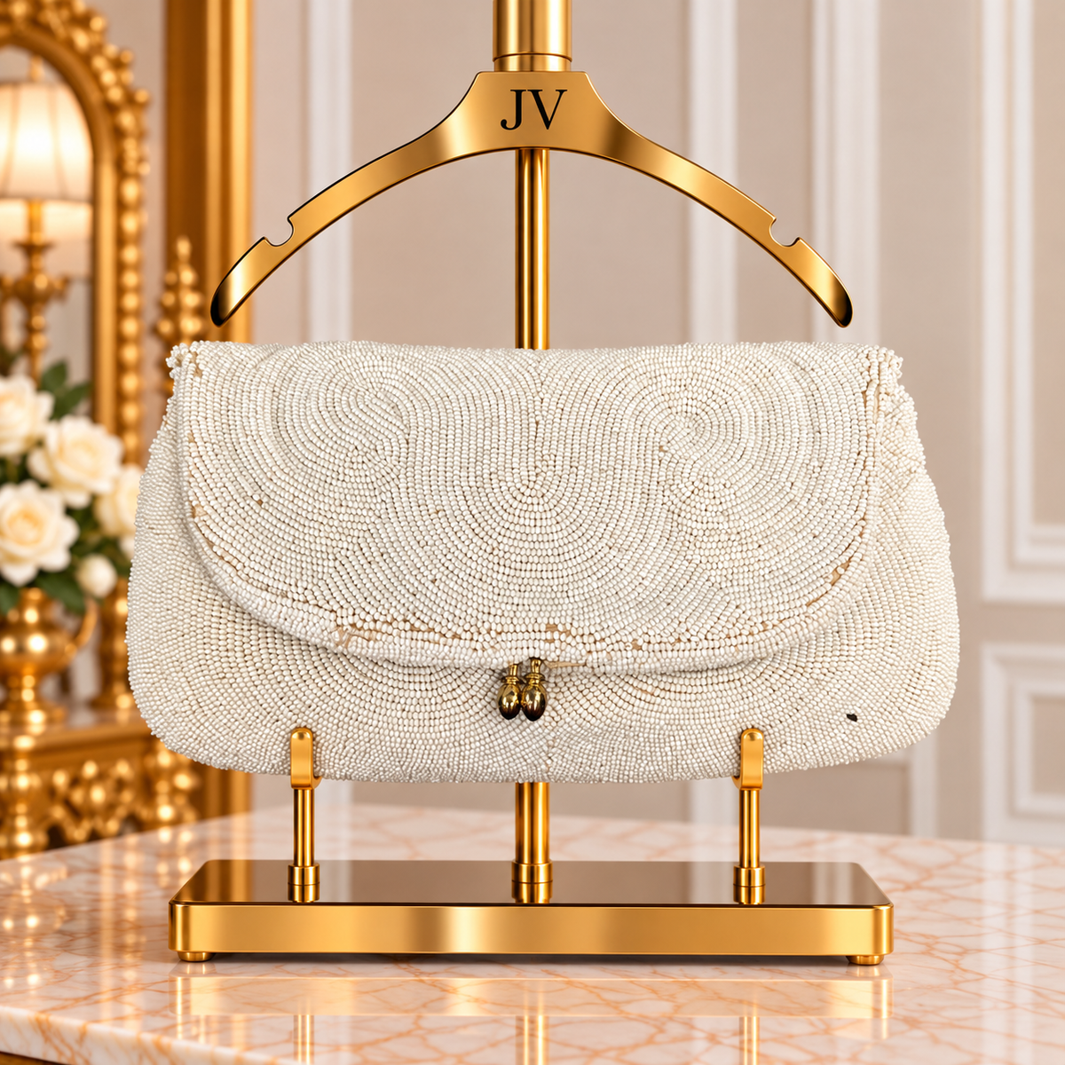 BEIGE BEADED FLAP PURSE